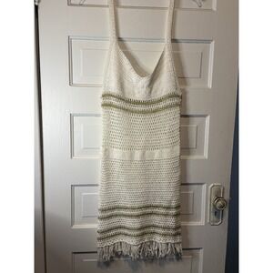 Metallic Gold Thread Crochet Festival Dress 70s Style Fringe Boho Beach Dress L